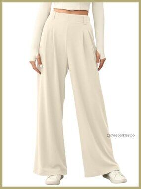 Waffle Knit Wide Leg Palazzo Pants High Waist Trousers with Pockets